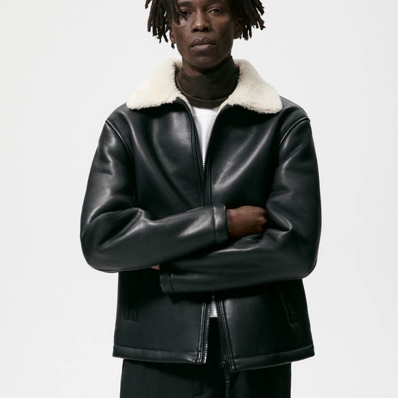 Zara men's double faced black leather jacket coat - Picture 4 of 10
